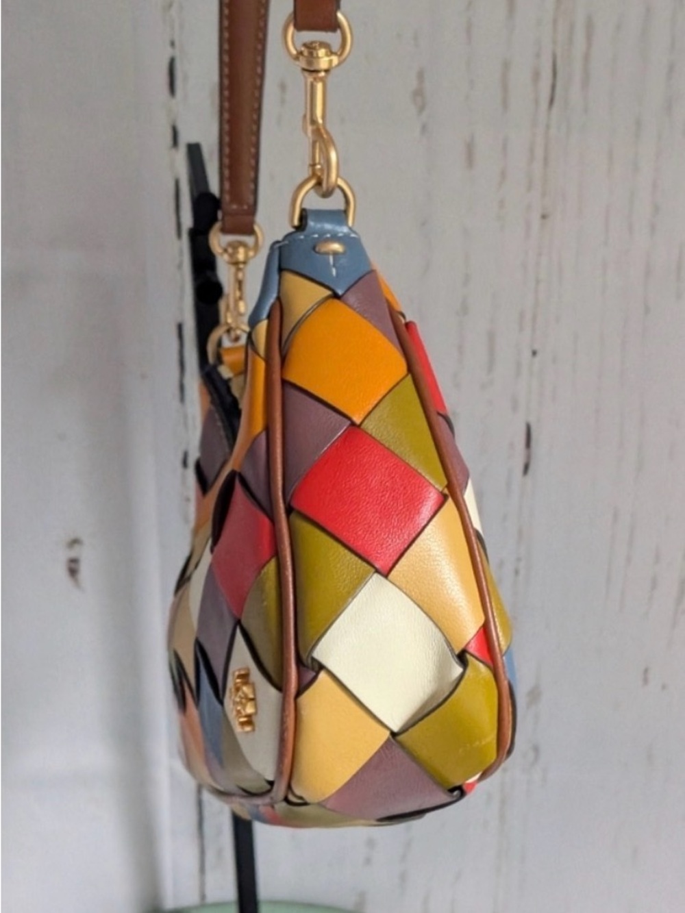 Tory Burch Patchwork Woven Leather 151 Small Crescent Handbag- 3 Carry Options - Picture 9 of 10